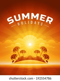 Beach sea with tropical island summer holidays vector background. 