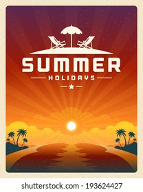 Beach sea with tropical island summer holidays vector poster or background. 