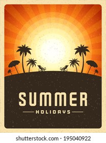 Beach sea with tropical island summer holidays vector poster or background. 