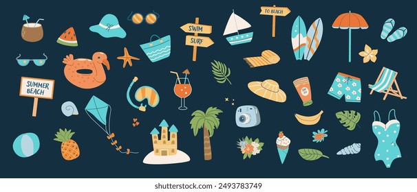 Beach and sea vacation elements set. Summer stickers bundle. Set of surf, sunglasses, cocktails, camera and other accessories. Vector flat illustration for planners, scrapbooking, dairy routines. 