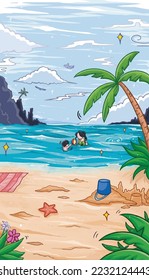 Beach and sea vector illustration isolated with cartoon comic manga anime art style drawing. Detailed illustration of marine with sands, blue sky and clouds, plants decorations. Summer vacation art.