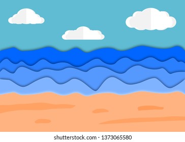 Beach and sea view in the summer background. Vector with paper cut and craft style design concept.