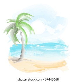 Beach and sea, watercolor vector.