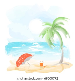 Beach and sea, watercolor vector.