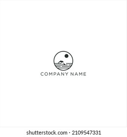 ola de playa y mar, diseño del logo de la línea de sol de montaña, diseño de monograma vectorial de iconos circulares de la playa, con color negro.