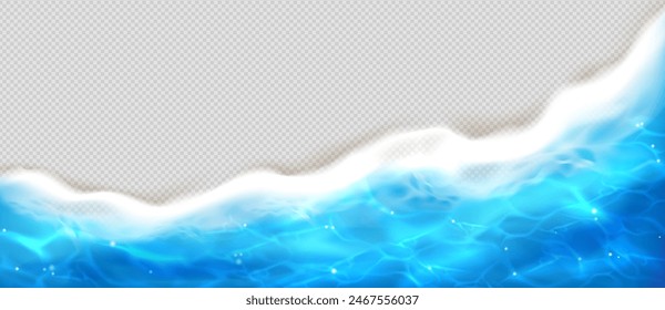 Beach sea wave top view. Ocean foam water texture. 3d realistic summer shore aerial banner. Tropical blue light reflection ripple border. Abstract caustic isolated bottom frame for coast party promo