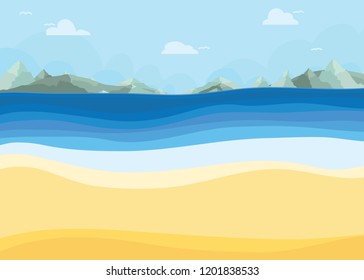 Beach sea waves with clouds mountain background. Summer background.