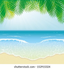 Beach, Sea Waves and Palm Leaves, vector