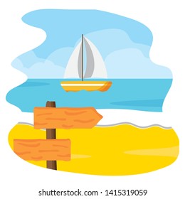 beach seacost sail boat wooden guide sign vector illustration