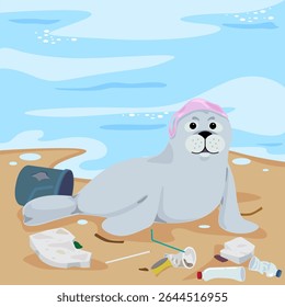 A beach with seals amidst marine debris