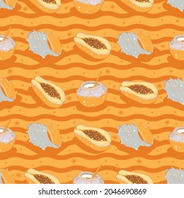 Beach seamless background. Cute vector illustration. Coconuts, seashells and papaya seamless pattern