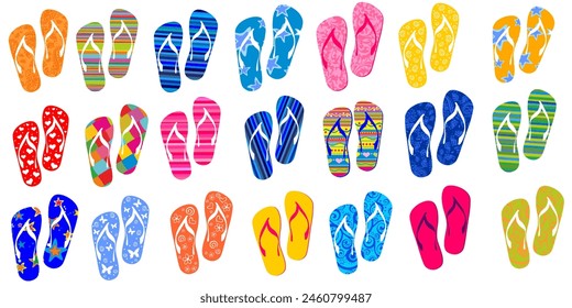 Beach Seamless Background with Flip Flops. Set of colorful flip flops isolated on white background. Collection of design elements. Great for textile print. Horizontal seamless pattern background 