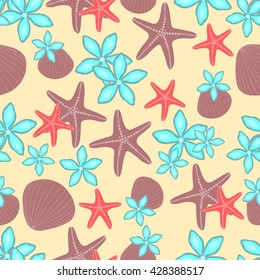 Beach seamless background. Starfish, seashells and flowers on the sand. Vector illustration.