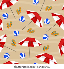 Beach seamless background. Umbrellas, balls and slippers. Pattern.