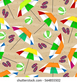 Beach seamless background. Umbrellas, balls and slippers. Pattern.