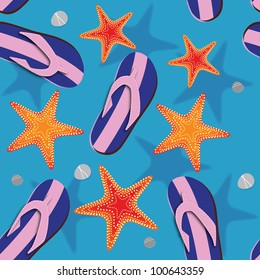 Beach seamless background witj flip flops andsea stars