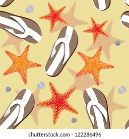 Beach seamless background witj flip flops andsea stars