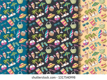Beach seamless pattern. Colorful childish decor repeat background. Hand drawn doodle cartoon style summer tropical vacation design concept. Vector illustration.