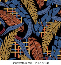 Beach seamless pattern with colorful tropical leaves and plants on black background. Vector design. Jungle print. Floral background. Printing and textiles. Exotic tropics. Bright design.