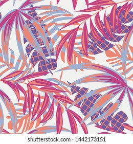 Beach seamless pattern with colorful tropical leaves and plants on a delicate background. Vector design. Jungle print. Floral background. Printing and textiles. Exotic tropics. Bright design.