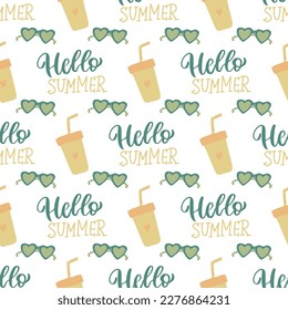 Beach seamless pattern with hello summer quote, sunglasses, pineapple. Summer time vacation background. Cute hand drawn vector illustration