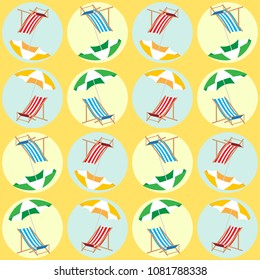 Beach seamless pattern for summer holiday. Vector background. Summer time pop art geometric pattern. Umbrella and deckchair on the beach.
