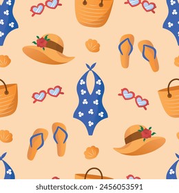 Beach seamless pattern with swimsuit, sunglasses, flip flops, shell, bag and hat. Summer or beach vacation team. Vector illustration.