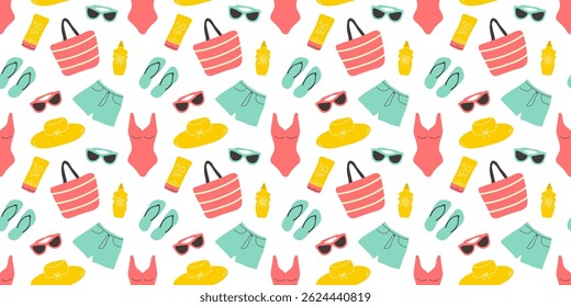 Beach seamless pattern. Time to travel, summer vacation. Summertime holiday recreation attributes, sunglasses, slippers bag hat swimsuit sunscreen. Hand drawn bright element for endless design