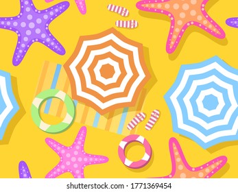 Beach seamless pattern, top view. Beach umbrella and towel on the sand, starfish. Flat design style. Vector illustration