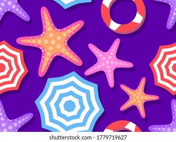 Beach seamless pattern, top view. Beach umbrella and towel on violet background, starfish. Flat design style. Vector illustration