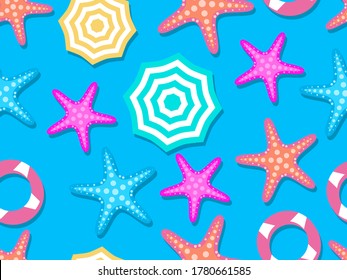 Beach seamless pattern, top view. Beach umbrella and towel on the sand, starfish. Flat design style. Vector illustration