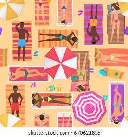 Beach Seamless Pattern Top View. Summer People On A Sunny Beach. View From Above Summertime People With Umbrellas, Towels And Sunbeds. Cartoon Vector Illustration.