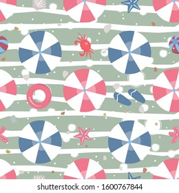Beach Seamless Pattern with umbrellas, crab, rubber ring, etc. Vector Illustration
