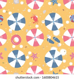 Beach Seamless Pattern with umbrellas, crab, rubber ring, etc. Vector Illustration

