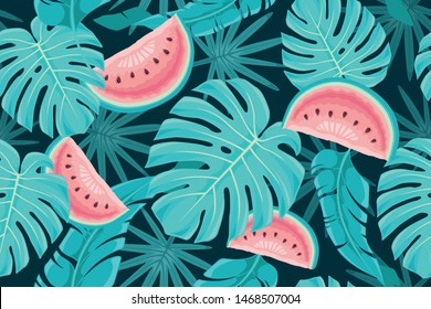 A beach seamless pattern wallpaper of tropical green leaves of monstera delicious, palm trees and banana leaves and some watermelon slices on a dark blue background - Vector