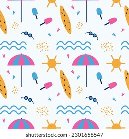 Beach. Seamless repeat pattern with sunshade, sun, sea, ice cream, surfboard, and hearts. Colored summer background. Beach party, sea voyage. Template for textile, packaging, banner, print. Vector