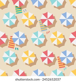 Beach seamless vector pattern. Vacation and travel concept. Beach umbrella, beach towel, sandals.