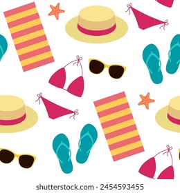 Beach seamless vector summer pattern, beach towel, sunglasses, women's swimsuit, hat and flip-flops.