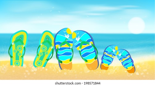 Beach, sea,sand and bright beach shoes.Summer background.