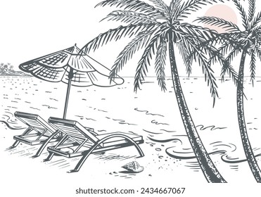 Beach seascape. Sun umbrella with sun loungers, sand shells, palm trees, hand drawn sketch. vector