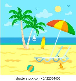 Beach seascape vector, coast with palm tree branches. Umbrella and chaise longue for tourists, surfing board, inflatable balloon ball and sun lotion