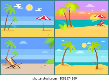 Beach seascapes collection, palm trees and sun shining brightly, umbrella over hammock-chair, starfish on sand set of paradises, vector illustration