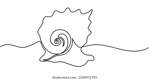 Beach Seashell Continuous Line Editable Icon, Hand Drawn Seashell Design, Vector drawing of marine life, Line Art Conch Shell On A Transparent Background, Engraving Style Marine and Nautical Element