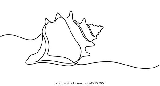 Beach Seashell Continuous Line Editable Icon, Hand Drawn Seashell Design, Vector drawing of marine life, Line Art Conch Shell On A Transparent Background, Engraving Style Marine and Nautical Element