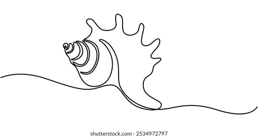 Beach Seashell Continuous Line Editable Icon, Hand Drawn Seashell Design, Vector drawing of marine life, Line Art Conch Shell On A Transparent Background, Engraving Style Marine and Nautical Element