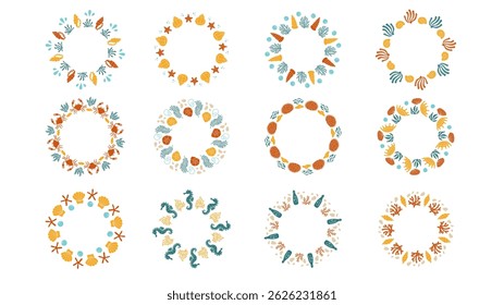 Beach Seashells Frames Set. Summer Circle Wreath Collection with Shells Corals Seaweeds. Coastal Round Borders. Vector illustration