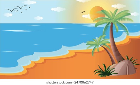 
Beach seashore with palms and calm water. Sunset in ocean, nature sea scenery background. Seascape evening. panorama sunset illustration , background summer time, simple illustration Vector