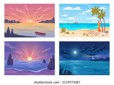 Beach seashore with palms and sailing ships on water. Vector sunrise, morning and day, night and evening. Ocean with waves, moon and beacon. Romantic landscapes of tropical nature. Flat cartoon