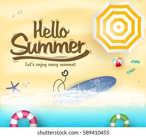 Beach Seashore Top View with Hello Summer Message and Surfboard Vector Illustration
