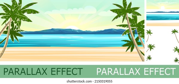 Beach. Seaside landscape with parallax effect. Tropical trees by the sea, ocean. Mountains in the distance on the horizon. Grass and thickets in the sand. Illustration. Vector.